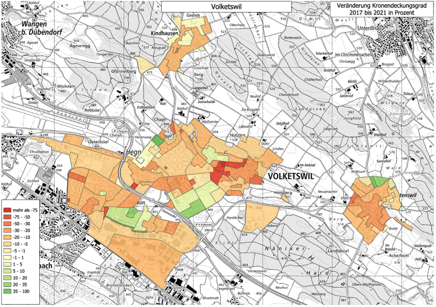 Karte: Veränderung des Kronendeckungsgrades in Volketswil 2017-2021: Die roten und orangen Flächen weisen einen Rückgang aus. In den wenigen grünen Gebieten hat der Kronendeckungsgrad zugenommen.