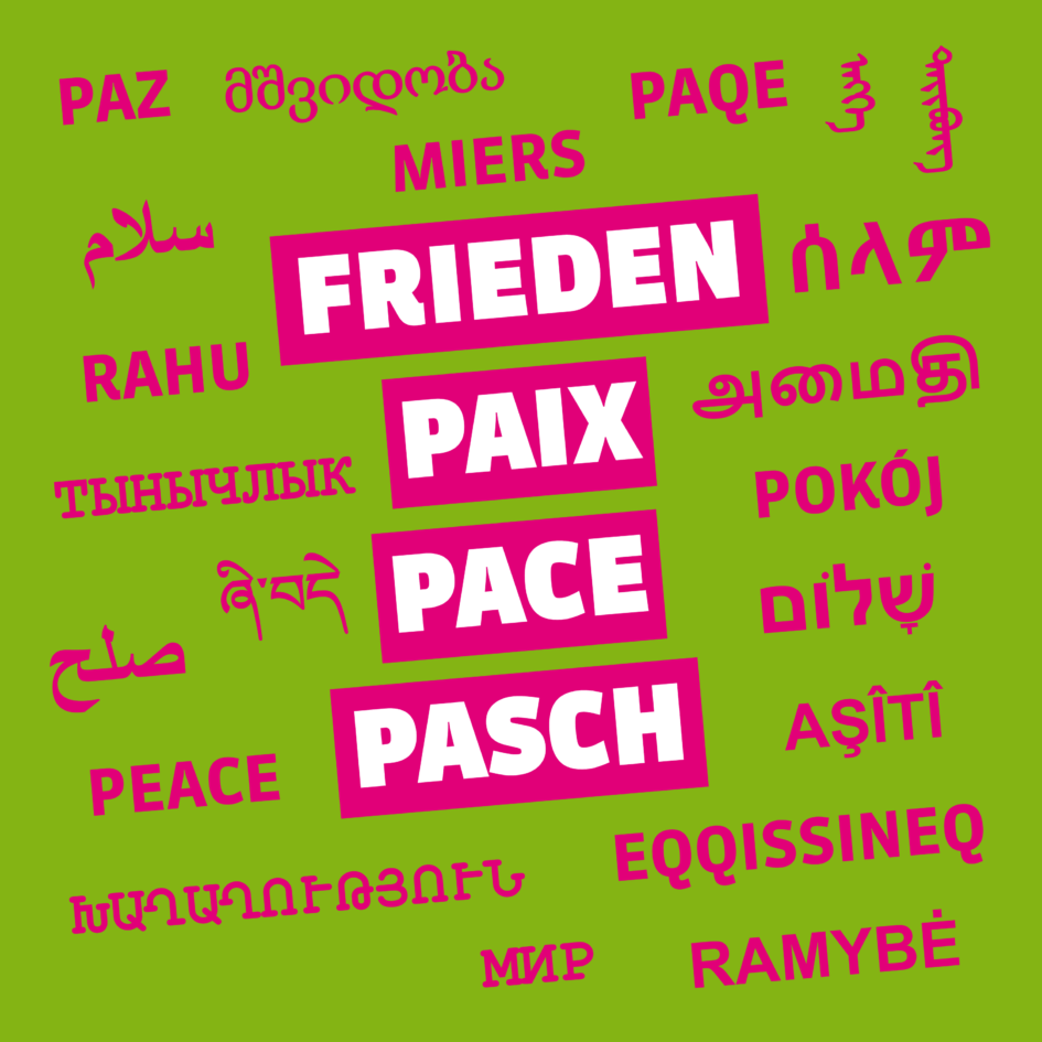 Symbolbild: Frieden in 24 verschiedenen Sprachen (Grüne Dübendorf) Mitte: Deutsch, Französisch, Italienisch, Rätoromanisch Hintergrund v.l.n.r.: Spanisch, Georgisch, Lettisch, Albanisch, (Alt-)Mongolisch, Arabisch, Tigrinya, Estnisch, Tamil, Tatarisch, Polnisch, Persisch, Tibetisch, Hebräisch, Englisch, Kurdisch, Armenisch, Grönländisch, Ukrainisch, Litauisch Symbolbild: Frieden in 24 verschiedenen Sprachen (Grüne Dübendorf) Mitte: Deutsch, Französisch, Italienisch, Rätoromanisch Hintergrund v.l.n.r.: Spanisch, Georgisch, Lettisch, Albanisch, (Alt-)Mongolisch, Arabisch, Tigrinya, Estnisch, Tamil, Tatarisch, Polnisch, Persisch, Tibetisch, Hebräisch, Englisch, Kurdisch, Armenisch, Grönländisch, Ukrainisch, Litauisch