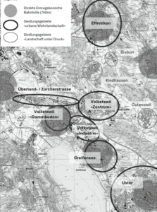 Räumliche Gliederung um Volketswil mit direkten Einzugsbereichen um die Bahnhöfe (Quelle: Regierungsrat ZH)