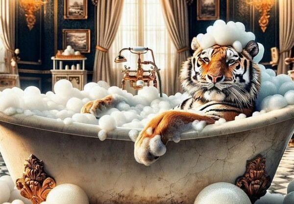 Symbolbild für KI-Bilder: Ein Tiger nimmt ein Schaumbad in einer noblen Badewanne (Praxie05, pixabay)